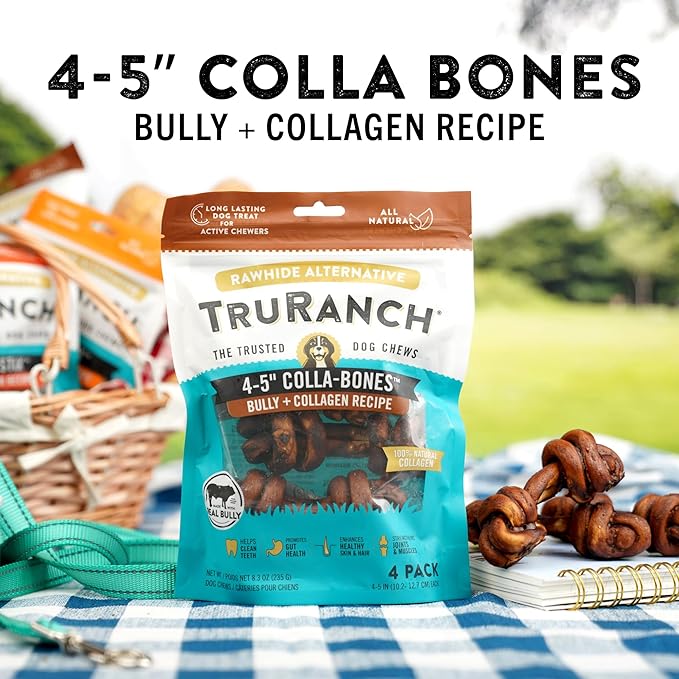 4-5" Collagen Bones, Bully - Collagen Dog Bones - Long Lasting Healthy Joint Support Dog Treat - Rawhide Alternative - Skin & Coat Health, 1 Bag, 4 Count-PurrikoPets