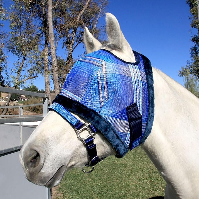 Kensington Fly Mask with Fleece Trim for Horses — Protects Face and Eyes from Flies and Sun Rays While Allowing Full Visibility — Breathable and Non Heat Transferring, Medium, Kentucky Blue-PurrikoPets