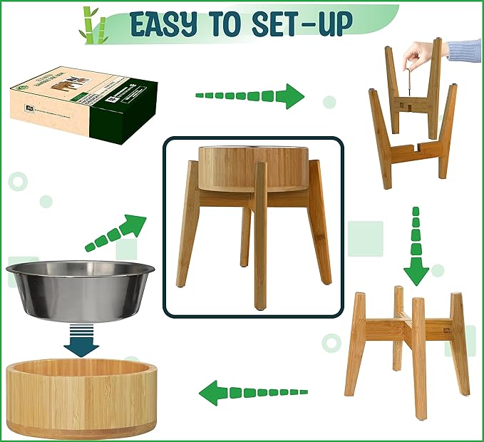 Elevated Dog Bowls for Large Breed - (15-Inch Tall, 74-oz Cap), Deter Ants and Bugs - Raised Single Feeder, Suitable for Dry and Wet Pet Foods - Bamboo with Stainless Steel Dish-PurrikoPets