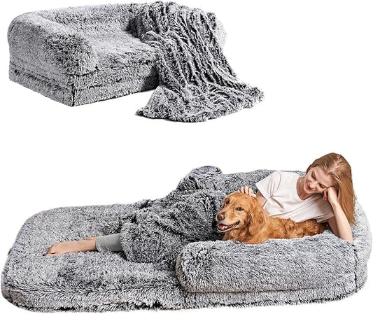 EHEYCIGA Foldable Human Dog Bed, Orthopedic Memory Foam Human Sized Dog Bed, Waterproof Pet Bed for People, Faux Fur Pet Couch for Adult, Faded Black, 72"x44"x11"-PurrikoPets