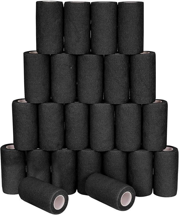 24 Pack Self Adhesive Bandage Wrap, 4” x 5 Yards Cohesive Medical Tape Elastic Grip Tape Black Sports Tape Athletic for Ankle, Wrist Sprains, Pet First Aid (Black, 4 Inch)-PurrikoPets