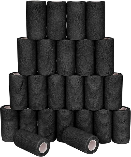 24 Pack Self Adhesive Bandage Wrap, 4” x 5 Yards Cohesive Medical Tape Elastic Grip Tape Black Sports Tape Athletic for Ankle, Wrist Sprains, Pet First Aid (Black, 4 Inch)-PurrikoPets