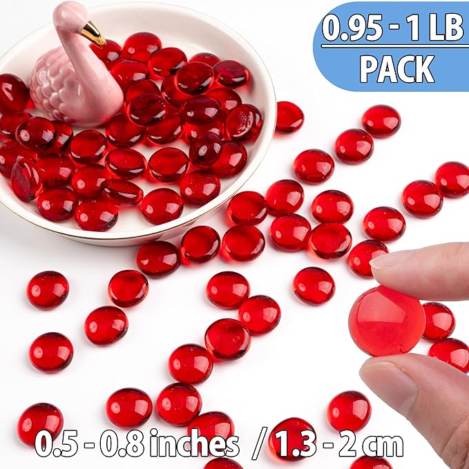 1LB Red Glass Marbles, Transparent and Smooth Flat Glass Beads for Vases, Mosaic Gem Pebbles for Aquarium Decor, Floral Arrangements, Mancala Stones, Vase Filler and Crafts (Approx. 80-100 PCS)-PurrikoPets