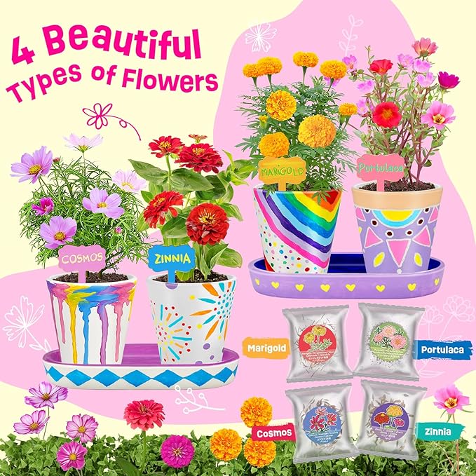 4 Set Paint & Plant Flower Gardening Kit - Gifts for Girls Ages 8-12, Arts and Crafts for Kids Ages 8-12, Kids Gardening Set, Birthday Toys Gifts for Girls Boys Ages 6 7 8 9 10 11 12-PurrikoPets