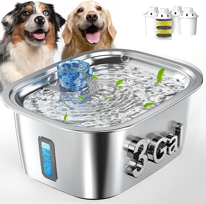 Dog Water Fountain for Large Dogs - 3 Gallon Stainless Steel Dog Water Bowl Dispenser with 4 Filters, Automatic Big Extra Large Capacity Pet Water Fountain, Easy Clean with Quiet Pump-PurrikoPets