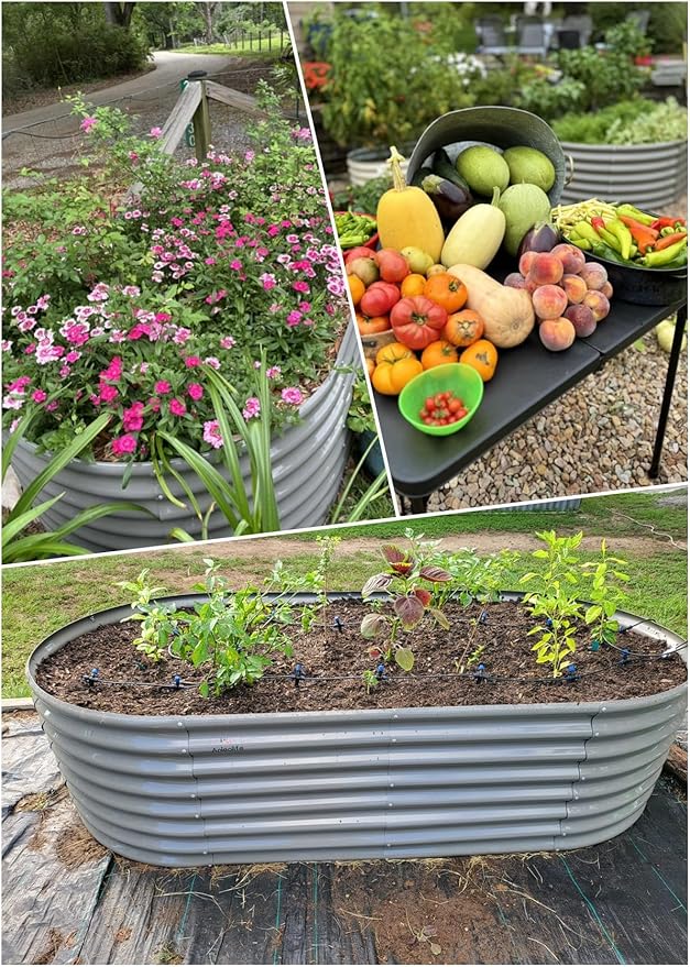 A ANLEOLIFE 8x4x2ft Galvanized Raised Garden Bed Kit, Oval Metal Deep Root Planters for Outdoor Plants Vegetables Flowers Herb, Large Bottomless, 478 Gallon Capacity- Quartz Grey-PurrikoPets