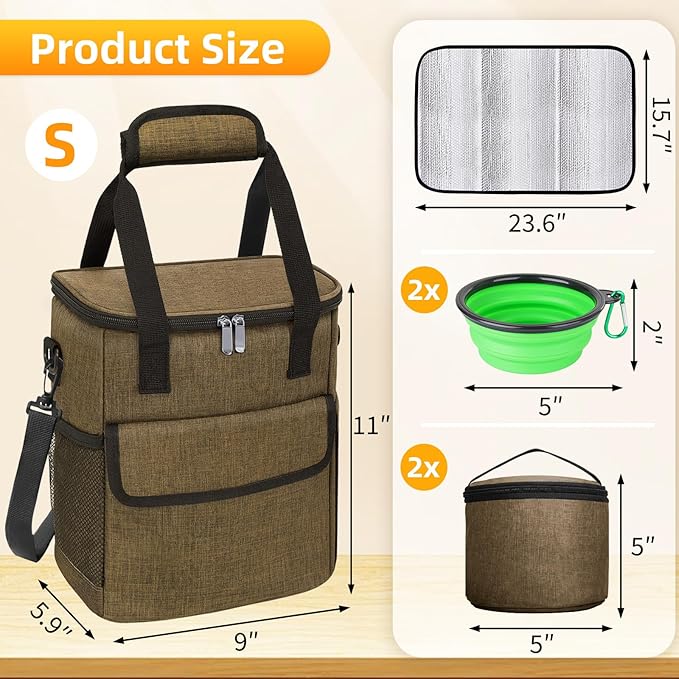 Dog Travel Bag for Camping - Pet Travel Accessories with 2 Collapsible Bowls, 2 Food Containers & Waterproof Feeding Mat - Portable Dog Carrier, Coffee (Small)-PurrikoPets