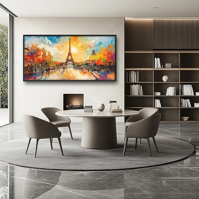 Framed Large Eiffel Tower Wall Art for Living Room, Oversized Paris City Street Landscape Wall Decor, Colorful Sunrise Canvas Painting Modern Artwork for Living Room Bedroom Office 60"x30"-PurrikoPets