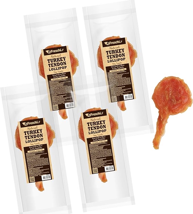 Afreschi Natural Turkey Tendon Lollipop Pack of 4, Dog Treat for Signature Series, All Natural Human Grade Puppy Chew, USA-Sourced Turkey Tendon, Rawhide Alternative-PurrikoPets