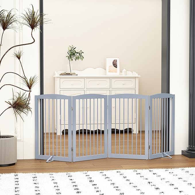 Freestanding Wooden Pet Gate - Foldable Indoor Dog Gate, 80 Inch Wide, 4 Panels, Grey-PurrikoPets