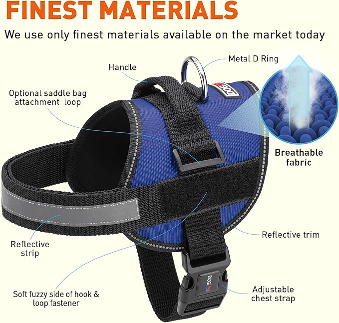 Dogline Dog Harness, Reflective No-Pull Adjustable Vest with Handle for Walking, Training, Breathable, No - Choke Harness for Small, Medium or Large Dogs Room for Patches Girth 22"-28" in Cyan Blue-PurrikoPets