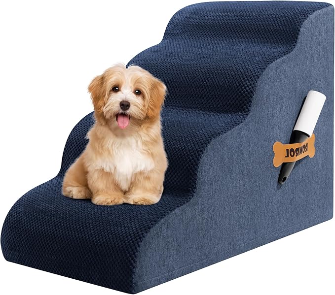 Dog Stairs, Romrol Dog Steps Ramp for High Bed and Couch, Dogs Ramp with Durable Non-Slip Waterproof Fabric Cover, Pet Stairs for Small Dogs and Cats or Pets Joints, 4-TiersNavy-PurrikoPets