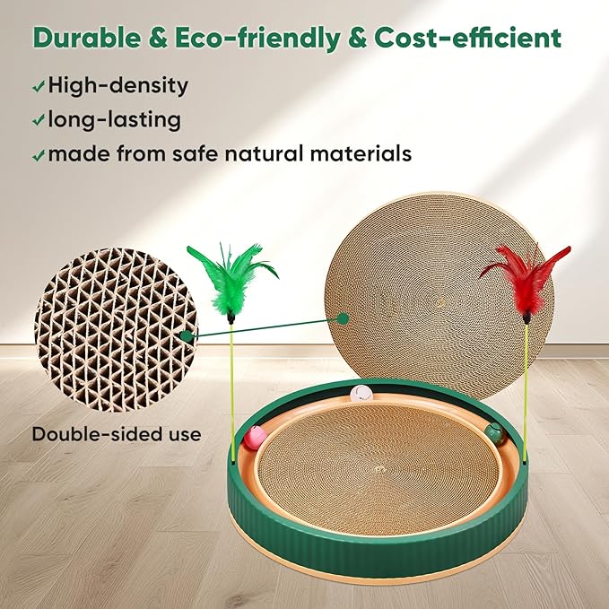 20-Inch Round Cat Scratcher with Ball Track – 3-in-1 Cardboard Scratching Pad with Feather Toy & Non-Slip Base – Interactive Cat Toy for Indoor Cats, Kittens & Large Cats (Green)-PurrikoPets