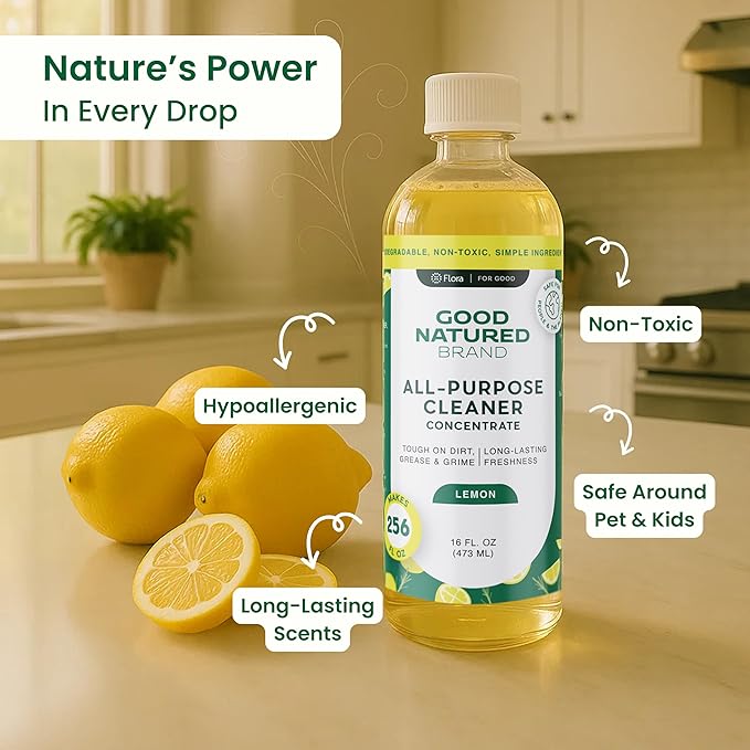 Good Natured Brand All-Purpose Cleaner Concentrate | Multi-Surface Cleaner | Natural Lemon Essential Oil | Multipurpose Cleaner Concentrate All Surfaces | Lemon Love | 16oz makes 256oz-PurrikoPets
