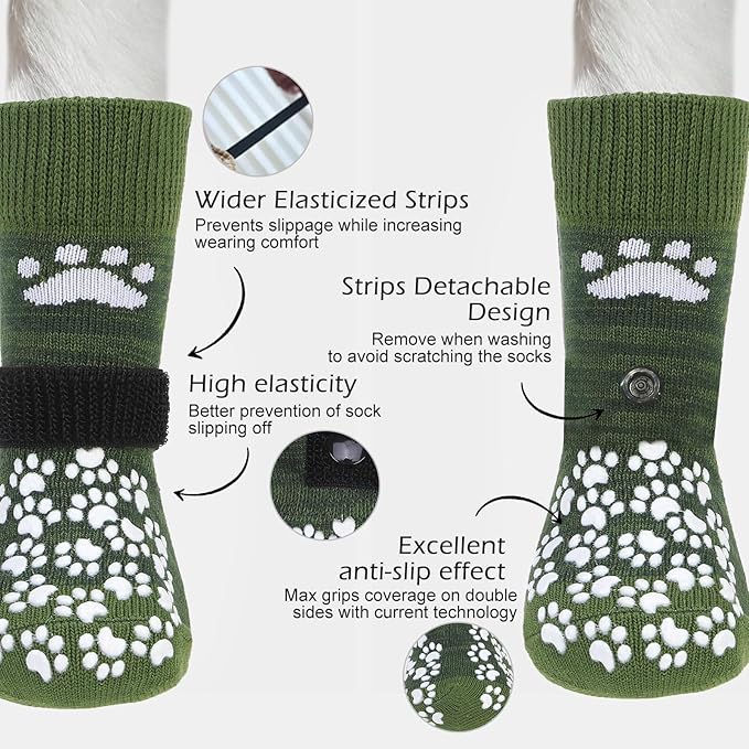 EXPAWLORER Anti Slip Dog Socks to Prevent Licking Paws, Shoes for Hot Pavement, Dog Booties for Small Medium Large Senior Dogs, Traction Control Boots & Paw Protectors for Hardwood Floors ArmyGreen-PurrikoPets