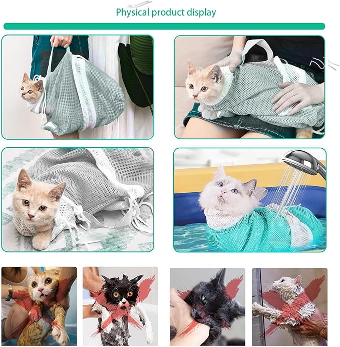 7-Piece Cat Bathing Set - Anti-Scratch Silicone Shoes, Claw Covers, Shower Net, Bathing Bag & Elizabethan Collar (Grey-3)-PurrikoPets