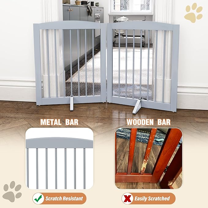 Freestanding Pet Gate for Dogs, Foldable Wooden Dog Gate for House, Indoor Pet Barrier for Stairs, Doorways, Support Feet Included, 24" Height 2 Panels, Grey-PurrikoPets