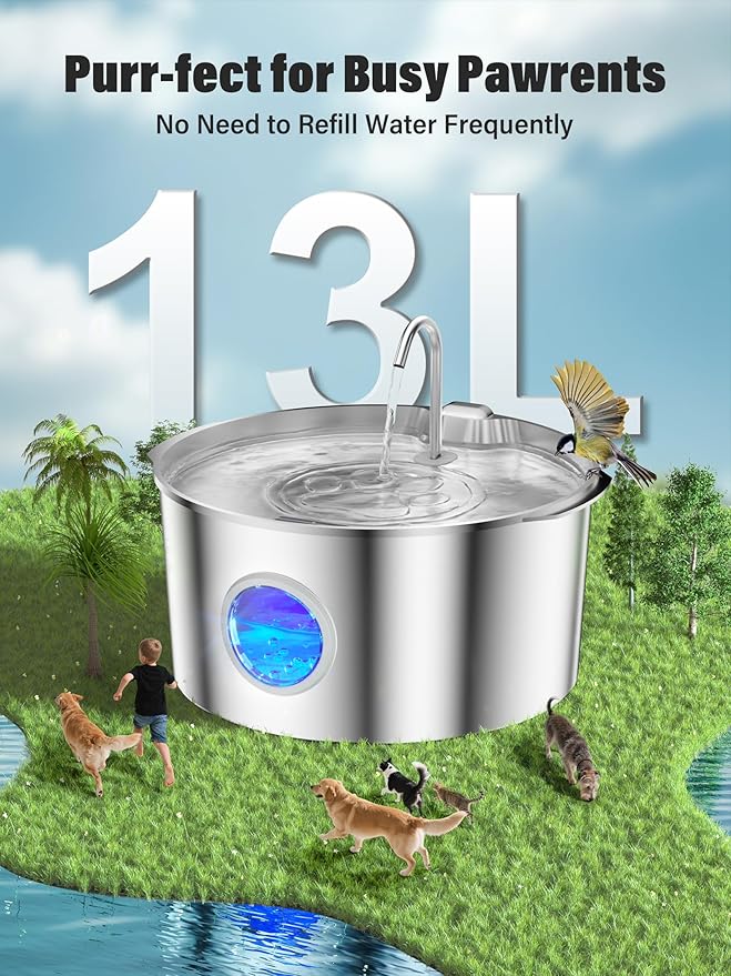 3.4Gal Dog Water Fountain for Large Dogs, Extra Large Stainless Steel Pet Water Fountain, Round Dog Water Bowl Dispenser with Metal Handle, Water Level Window, Supet Quiet Pump for Multi Pet Home-PurrikoPets