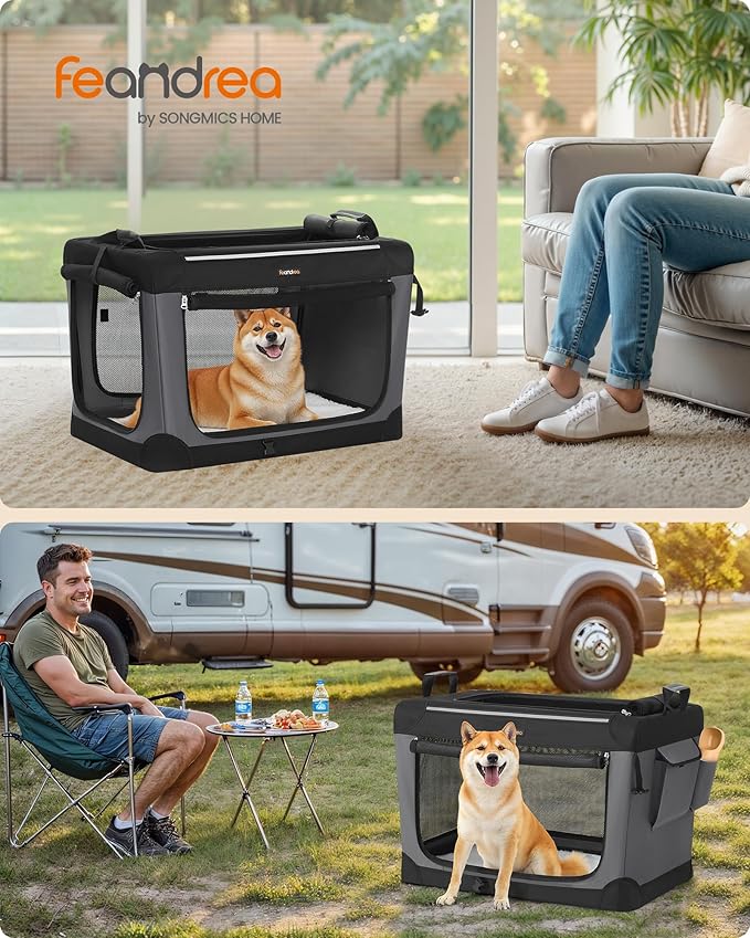 Feandrea Collapsible Dog Crate, 30-Inch Portable Dog Travel Crate for Medium Dogs, Oxford Fabric Pet Carrier with 4 Mesh Doors, Handles, Storage Pocket, Water Bottle Holder, Ink Black UPDC017B01-PurrikoPets