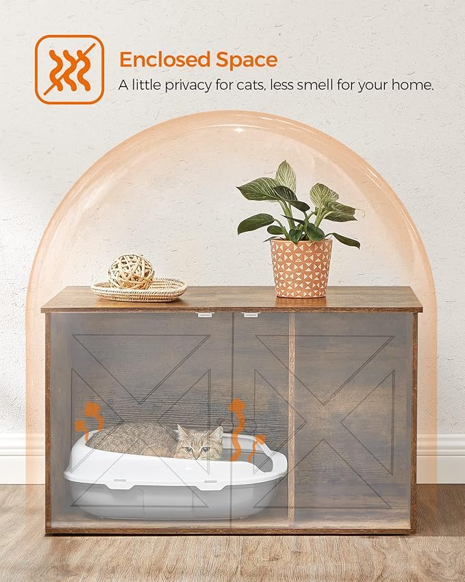 Feandrea Cat Litter Box Enclosure, Litter Box Furniture Hidden with Removable Divider, Indoor Cat House, End Table, 31.5 x 20.9 x 19.7 Inches, Rustic Brown UPCL002X01-PurrikoPets