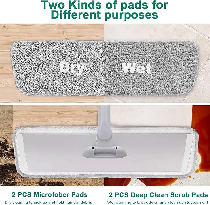18" Professional Microfiber Mop Floor Cleaning System, Flat Mops with Stainless Steel Handle, 4 Reusable Washable Mop Pads, Wet and Dust Mopping for Hardwood, Vinyl, Laminate, Tile Cleaning (White)-PurrikoPets