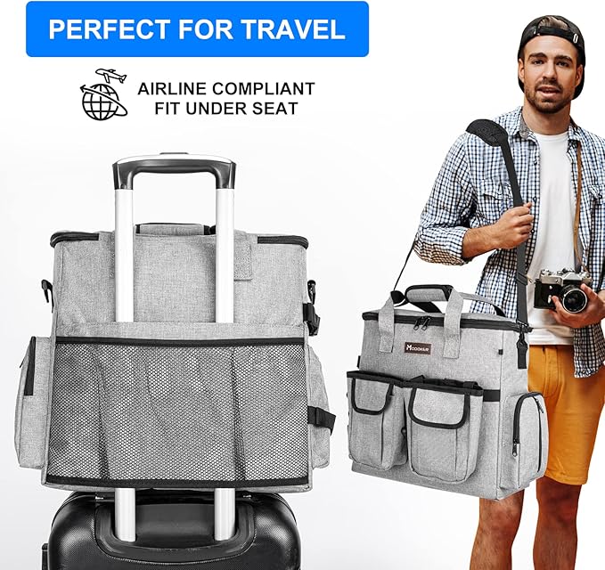 Airline Approved Dog Travel Bag with 2 Dog Treat Training Pouches, Tote Organizer for Weekend Pet Travel Supplies & Accessories, 2 Collapsible Bowls, 2 Food Container (Grey)-PurrikoPets