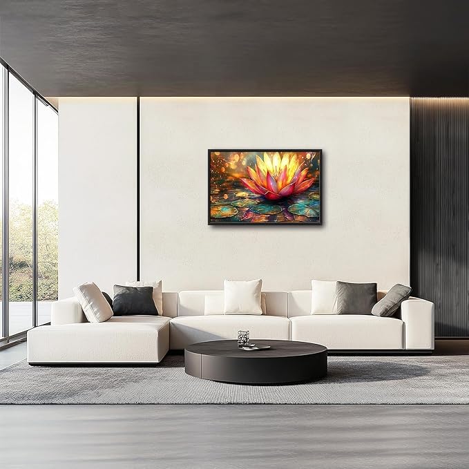 Framed Large Lotus Wall Art for Living Room, Oversized Lotus Flower Wall Decor Zen Golden Floral Canvas Painting Modern Artwork Home Decoration for Living Room Bedroom Office 36"x24"-PurrikoPets