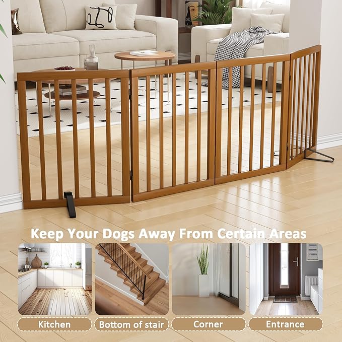 Freestanding Pet Gate Foldable 4 Panel Dog Gate Walnut Dog Gates for Stair Doorways House Indoor (2 Support Feet Included)-PurrikoPets