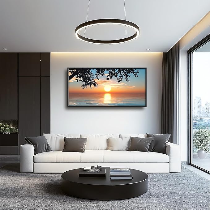 Framed Large Lake Sunset Wall Art, Oversized Natural Landscape Wall Decor for Living Room, Tree Leaves Canvas Painting Pictures Home Decoration for Living Room Bedroom Office 60"x30"-PurrikoPets
