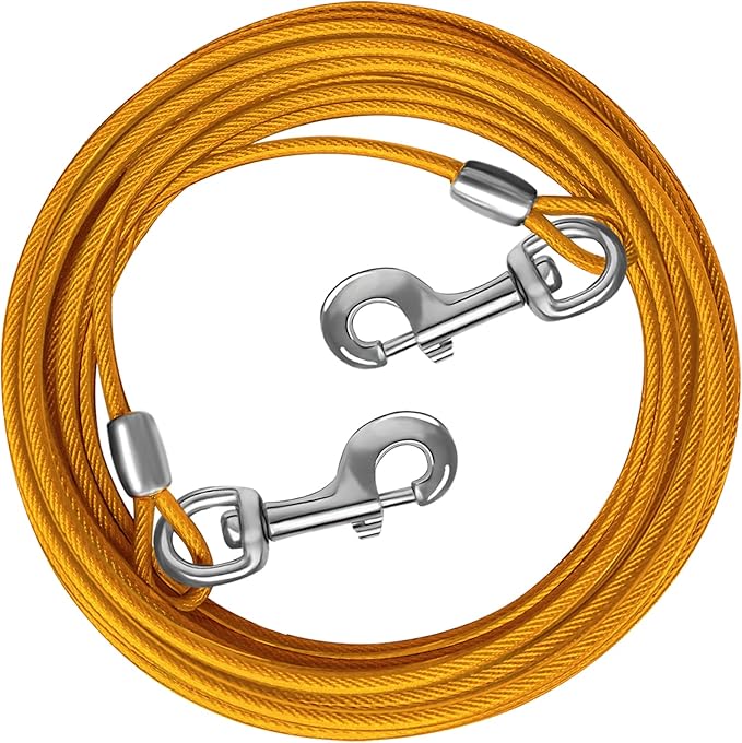 Dog Tie Out Cable 10/15/20/25/30 FT Runner for Yard Steel Wire Cable with Durable Superior Clips Yellow Chains for Outside Dog Lead for Large Up to 165 Lbs-PurrikoPets
