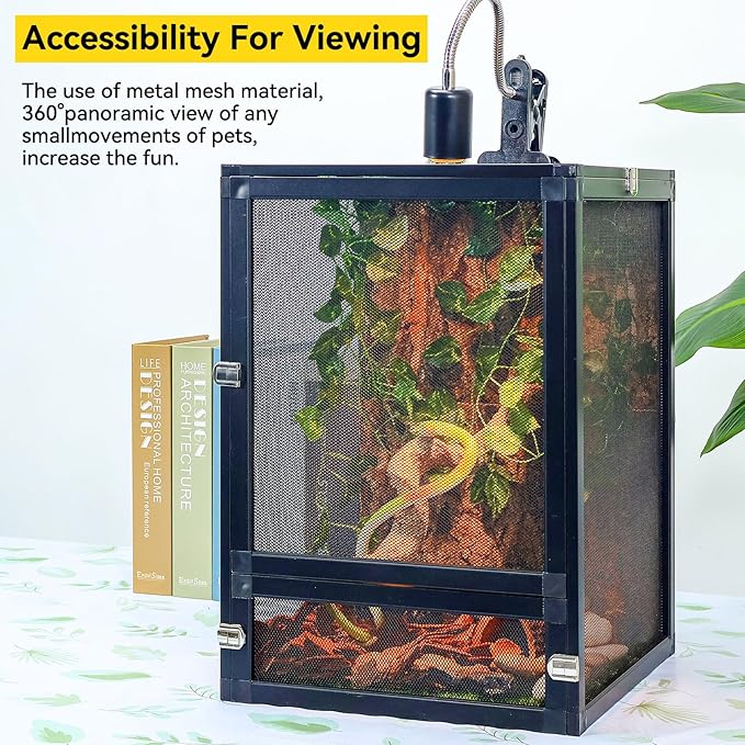 13 Gallon 360° Panoramic Foldable Reptile Terrarium Kit: Crested Gecko Tank and Reptile Cage for Superior Ventilation, Easy Feeding, Sturdiness, and Simple Assembly (Black, 18"x13"x13")-PurrikoPets