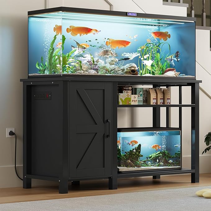55-75 Gallon Fish Tank Stand with Power Outlet & Adjustable Shelf, Heavy Duty Aquarium Stand with Cabinet Storage for Fish Tank, Turtle Tank, Reptile Terrarium, 1000LBS Capacity, Black-PurrikoPets