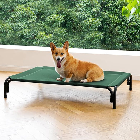 Elevated Dog Bed Raised Outdoor Dog Cot for Medium Dogs, Installation Requires No Tools, Frame with Washable Cooling Breathable Mesh Anti-Slip Feet, Indoor Pet Bed, Green, 35.4 Inches-PurrikoPets