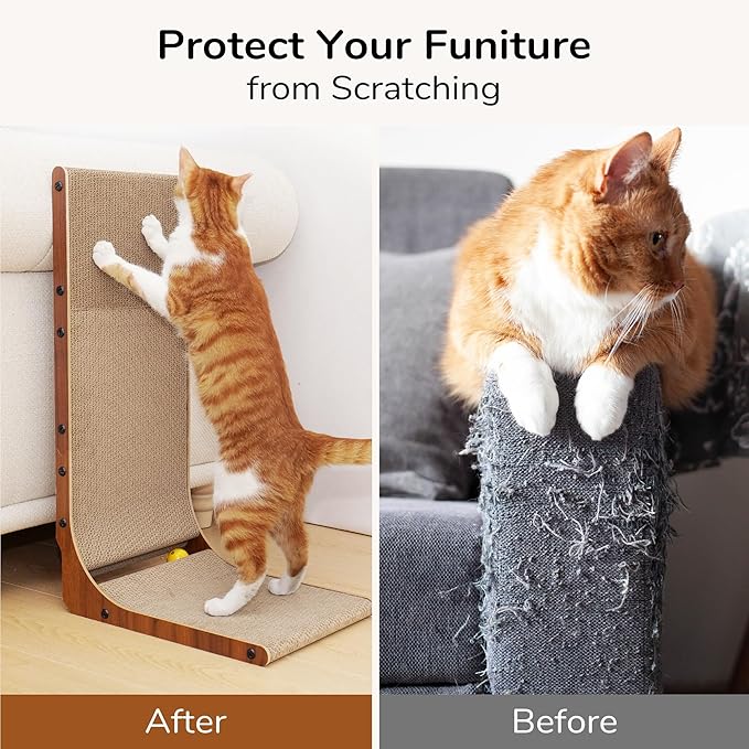 FUKUMARU Cat Scratcher, 26.8 Inch Cat Scratch Pad for Indoor Cats, L Shaped Cardboard Vertical Cats Scratching Board with Ball Toy, Walnut Color, 1 Pack-PurrikoPets