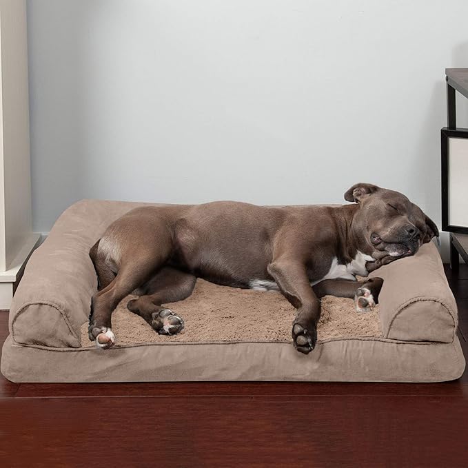 Furhaven Orthopedic Dog Bed for Large/Medium Dogs w/ Removable Bolsters & Washable Cover, For Dogs Up to 55 lbs - Plush & Suede Sofa - Almondine, Large-PurrikoPets