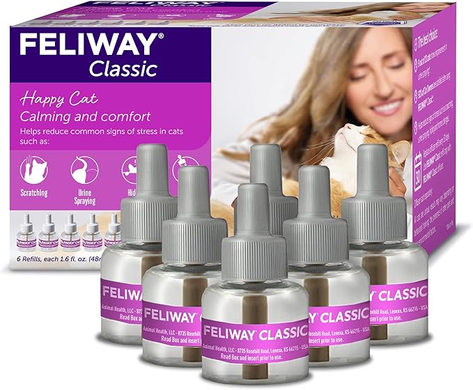 FELIWAY® Classic 6 x 30 Day Cat Calming Refills for Pheromone Diffuser, 6 x 48ml Value Pack - Helps Reduce Common Signs of Stress in Cats & Kittens, Enhanced Calming-PurrikoPets
