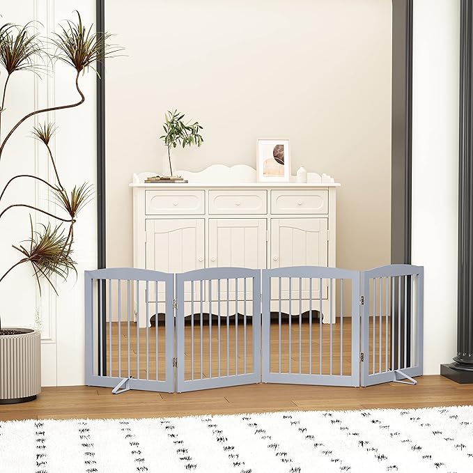 Freestanding Pet Gate - Foldable Wooden Dog Gate for House, Indoor, 80 Inch Wide, 4 Panels 24", Grey-PurrikoPets