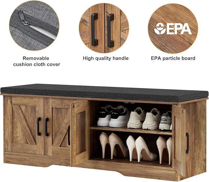 2-Tier Storage Bench, Shoe Bench with Padded Seat Cushion, Entryway Bench with 4 Barn Doors, Adjustable Shelf, 13.8" D x 47.2" W x 17.7" H, for Entryway, Living Room, Bedroom, Rustic Walnut-PurrikoPets