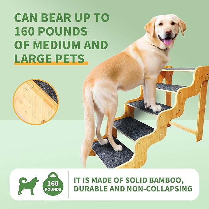 Dog Steps for Bed,24 Inches 5 Step Dog Stairs for Senior Pets to Get On 30 Inches High Beds/Car,Made of Bamboo Can Support Large Dogs Weighing Up to 160 LB-PurrikoPets