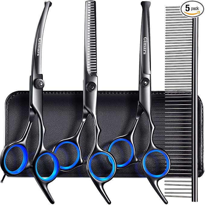 Gimars Dog Grooming Scissors Kit Professional 4CR with Safety Round Tip, 5 in 1 Heavy Duty Titanium Coated Thinning & Curved & Straight Shears-PurrikoPets