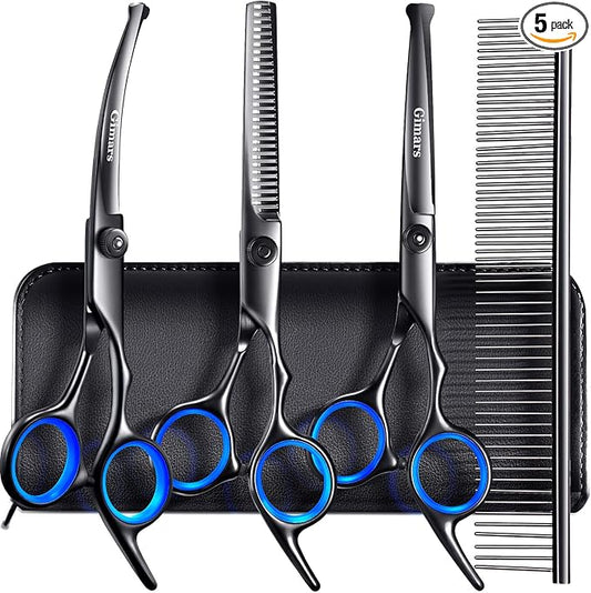 Gimars Dog Grooming Scissors Kit Professional 4CR with Safety Round Tip, 5 in 1 Heavy Duty Titanium Coated Thinning & Curved & Straight Shears-PurrikoPets