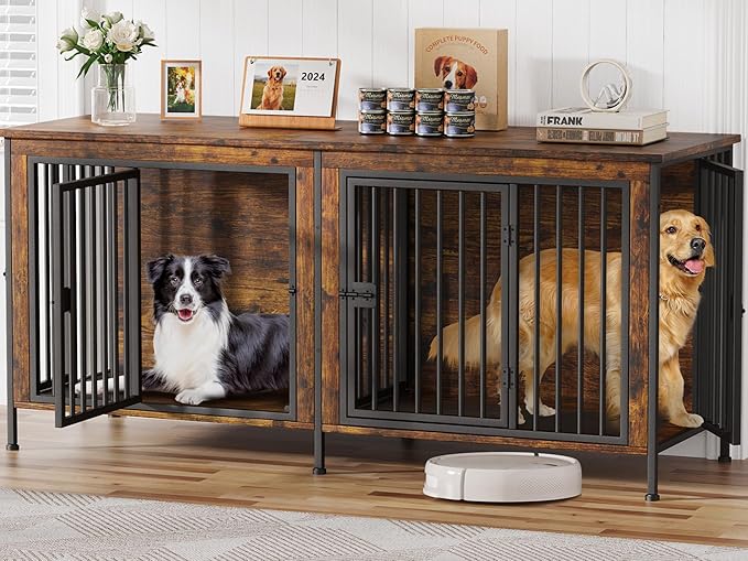 EasyCom 78 Inch Dog Crate Furniture for 2 Dogs, Extra Large Double Dog Cage Large Breed, XXL Thick Wooden Dog Crate TV Stand, Sturdy Dog Kennel with Divider-PurrikoPets