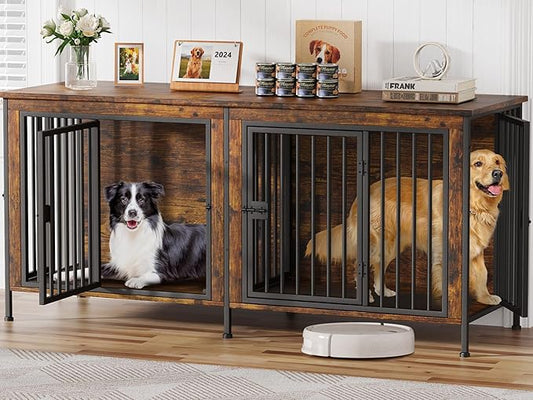 EasyCom 78 Inch Dog Crate Furniture for 2 Dogs, Extra Large Double Dog Cage Large Breed, XXL Thick Wooden Dog Crate TV Stand, Sturdy Dog Kennel with Divider-PurrikoPets