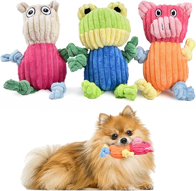 3pcs Dog Squeaky Toys, Plush Stuffed Puppy Chew Toy for Extended Play, Interactive Toys Great Gifts for Small Medium Large Chewer Dogs, Pet Toy Bulk to Keep Them Busy(Forg&Hippo&Pig)-PurrikoPets