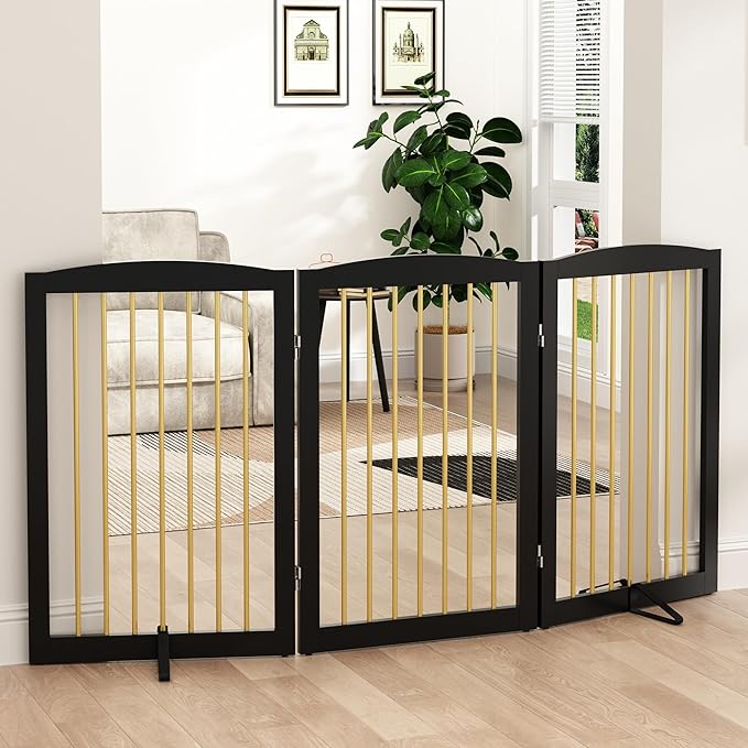 Freestanding Pet Gate for Dogs, Foldable Wooden Dog Gate for House Indoor, Step Over Pet Puppy Safety Fence for Stair, Doorway,Hall, Support Feet Included,3 Panels 32",Black&Gold-PurrikoPets