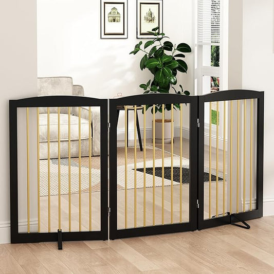 Freestanding Pet Gate for Dogs, Foldable Wooden Dog Gate for House Indoor, Step Over Pet Puppy Safety Fence for Stair, Doorway,Hall, Support Feet Included,3 Panels 32",Black&Gold-PurrikoPets