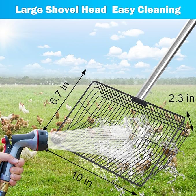 10 inch Large Chicken Poop Scooper,4 in1 Chicken Coop Poop Shovel,Adjustable 32" to 67" Stainless Steel Chicken Coop Scoop,Litter Sifting Shovel Poop Scooper for Chicken Coop Pet Waste-PurrikoPets