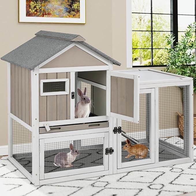 48" L Rabbit Hutch Outdoor Indoor Bunny Hutch Weatherproof, 2-Story Wood Rabbit Cage with Deep Tray, Chew-Resistant Ramp, UV Roof, Bunny House for Small Animal, Expandable Guinea Pig Cage-PurrikoPets