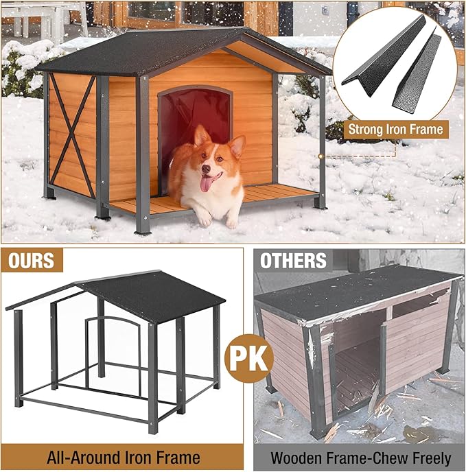 Extra Large Dog House Outdoor & Indoor, Insulated Liner Dog Kennel Weatherproof for Winter, 6 Sides All-Round Foam with Strong Metal Chew Proof Frame, for Small Medium Large Dogs-PurrikoPets