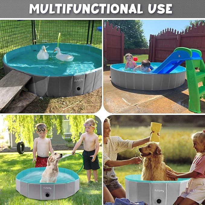 Furrybaby Foldable Dog Pool, Kiddie Pool Hard Plastic, Collapsible Pet Bath Portable Dog Swimming Pool for Pet, Dogs and Cats Grey 32''-PurrikoPets
